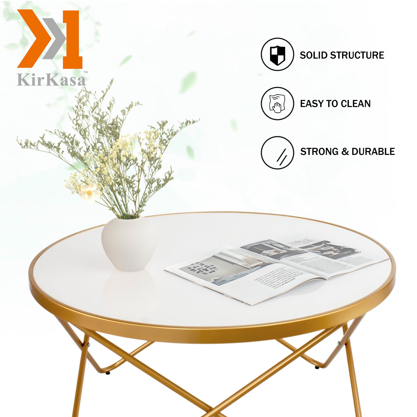 KirKasa Mid Century Modern Round Gold Coffee Table with White Glass and Metal Frame Central Table for Living Room Recepetion Room