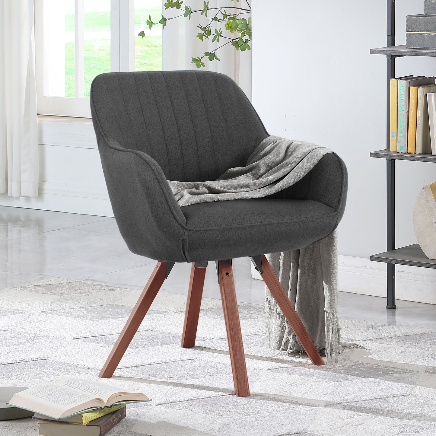 KirKasa Mid Century Modern Desk Chair No Wheels Swivel Accent Home Office Chair with Walnut Color Wood Legs for Living Room, Brown