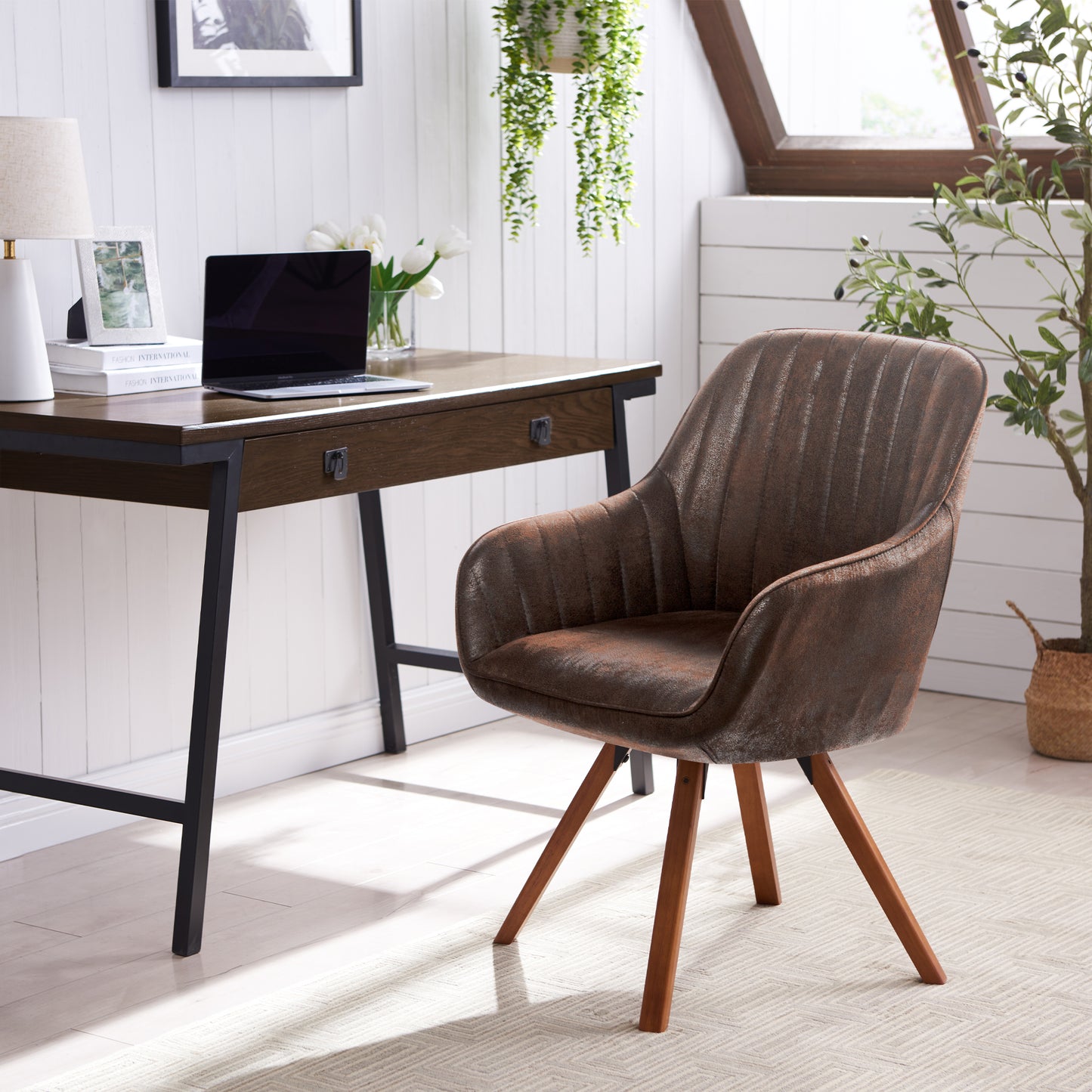KirKasa Mid Century Modern Desk Chair No Wheels Swivel Accent Home Office Chair with Walnut Color Wood Legs for Living Room, Brown