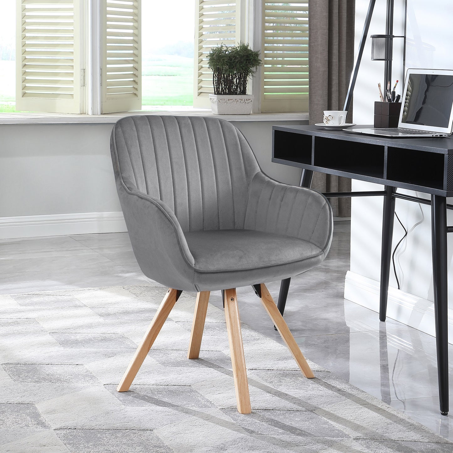 KirKasa Mid Century Modern Desk Chair No Wheels Swivel Accent Home Office Chair with Walnut Color Wood Legs for Living Room，grey